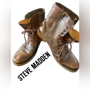 ♥️ Steve Madden Men's Brown Leather Combat Boots - Casual Lace & Zip Size 12